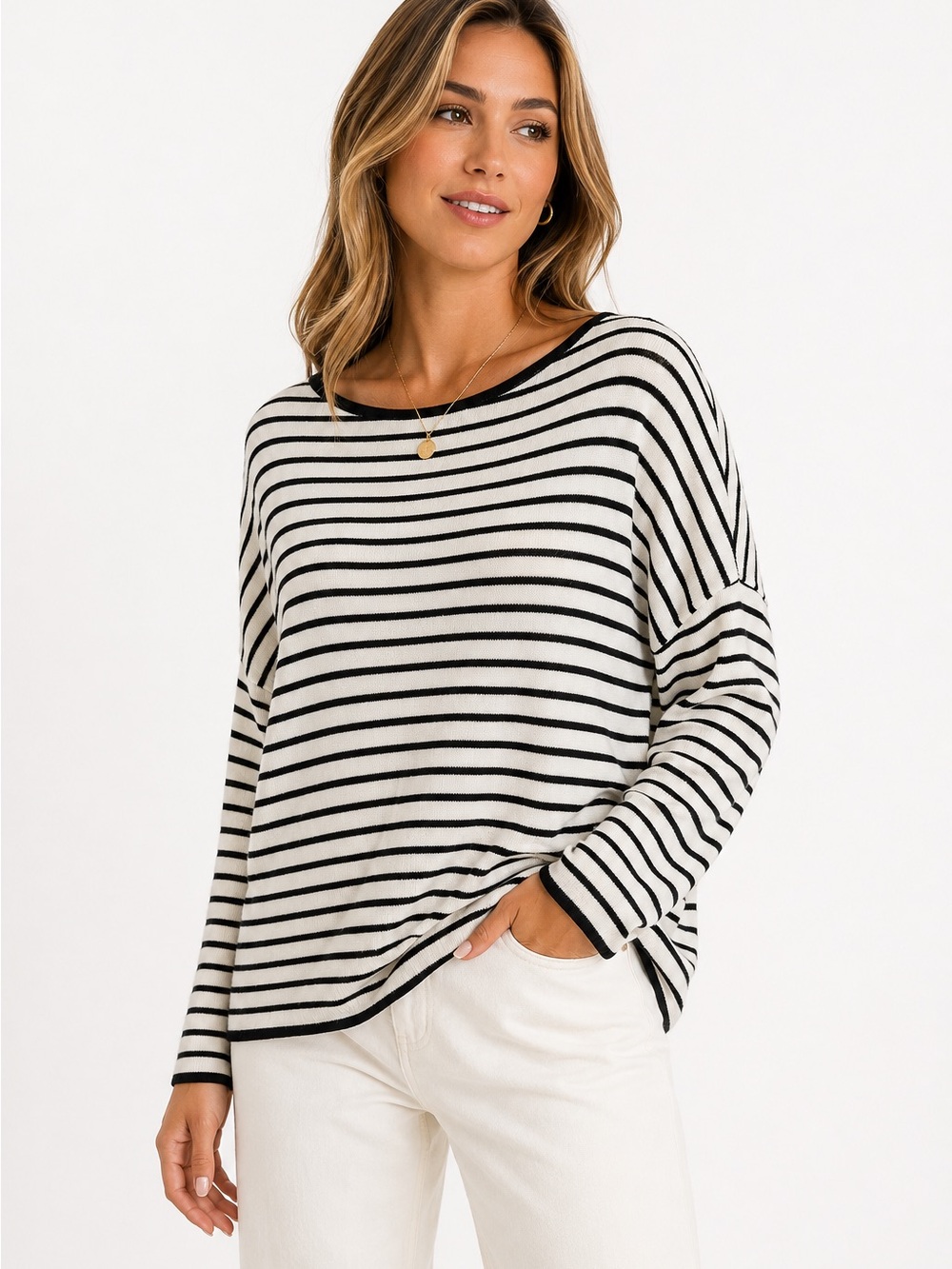 Arach & Cloz Striped Linen Blend Boat Neck Sweater Dolman Top Small NWT